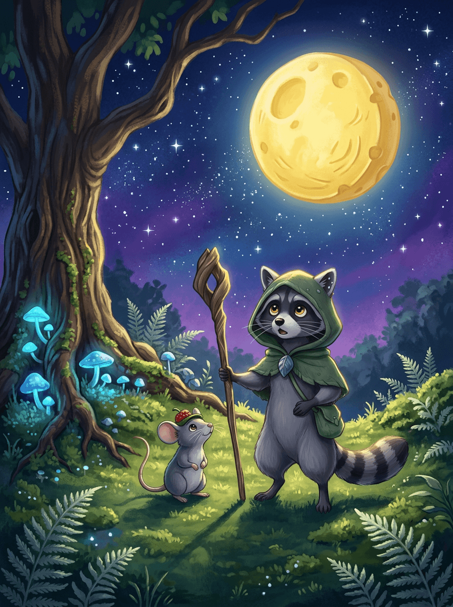 Mýval Raccoon s kouzelnou holí šplhá po žebříku k zářícímu měsíci.