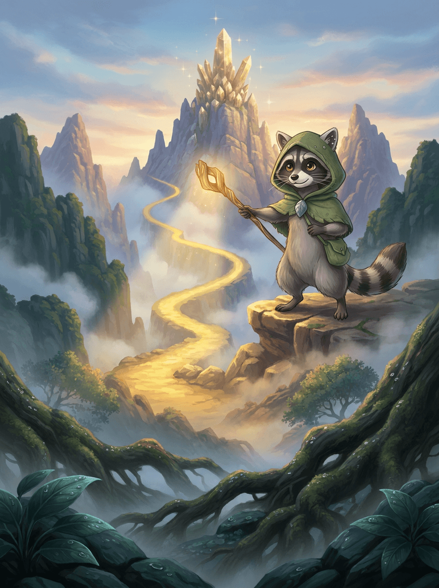 Il saggio Raccoon guida gli scoiattoli sulla Cima del Vento panoramica.
