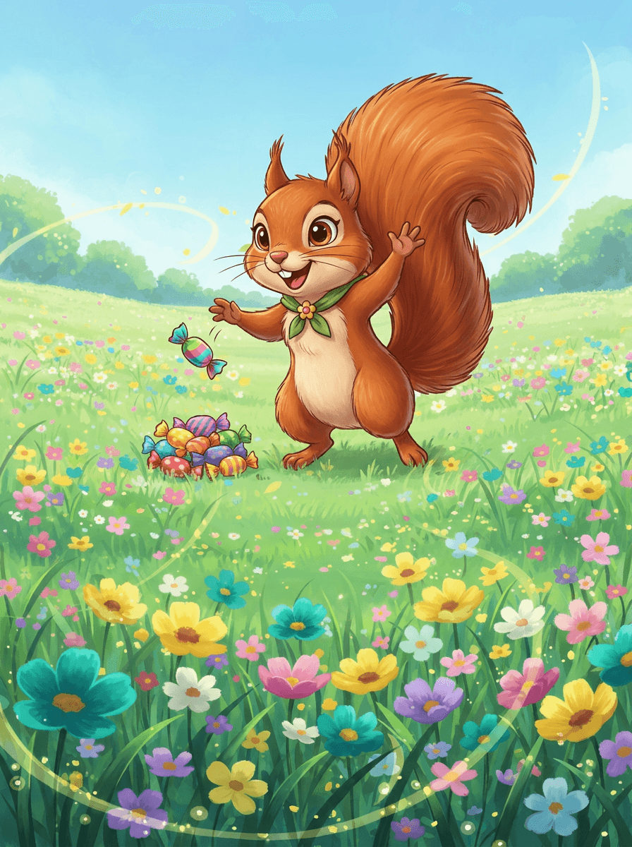 Bella the Squirrel standing bravely amidst the greenery of Emerald Park.