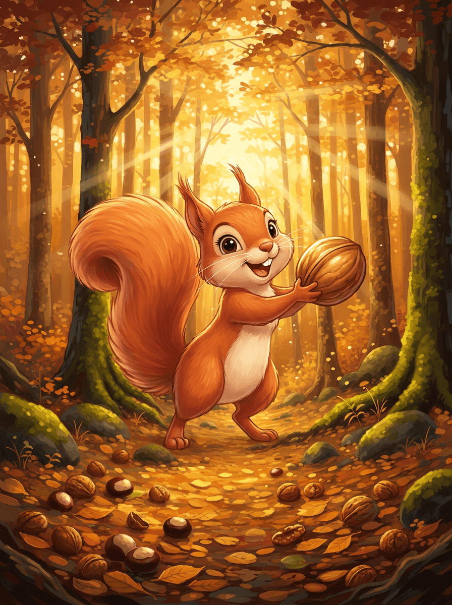 Veverka Týna s huňatým ocáskem mezi zásobami oříšků v podzimním lese.