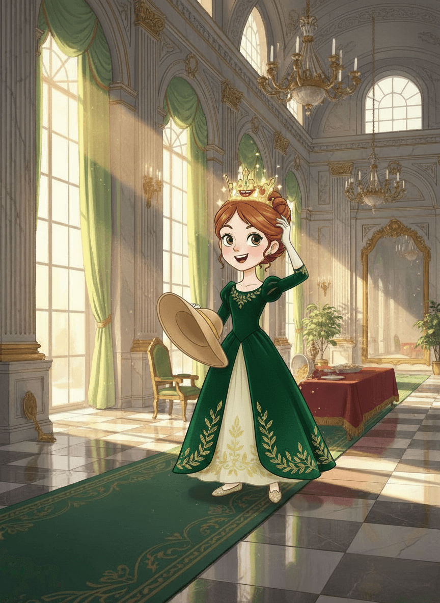 Princezná Hana s veľkou zlatou korunou v kráľovskej sieni.