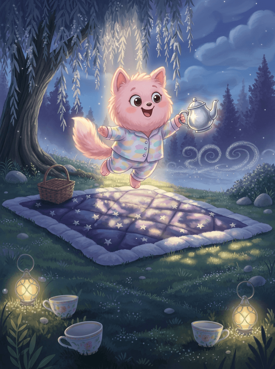 Pehmeä Fluffy-hahmo istuu yöpuvussa piknikillä kuunvalon loisteessa ystäviensä kanssa.