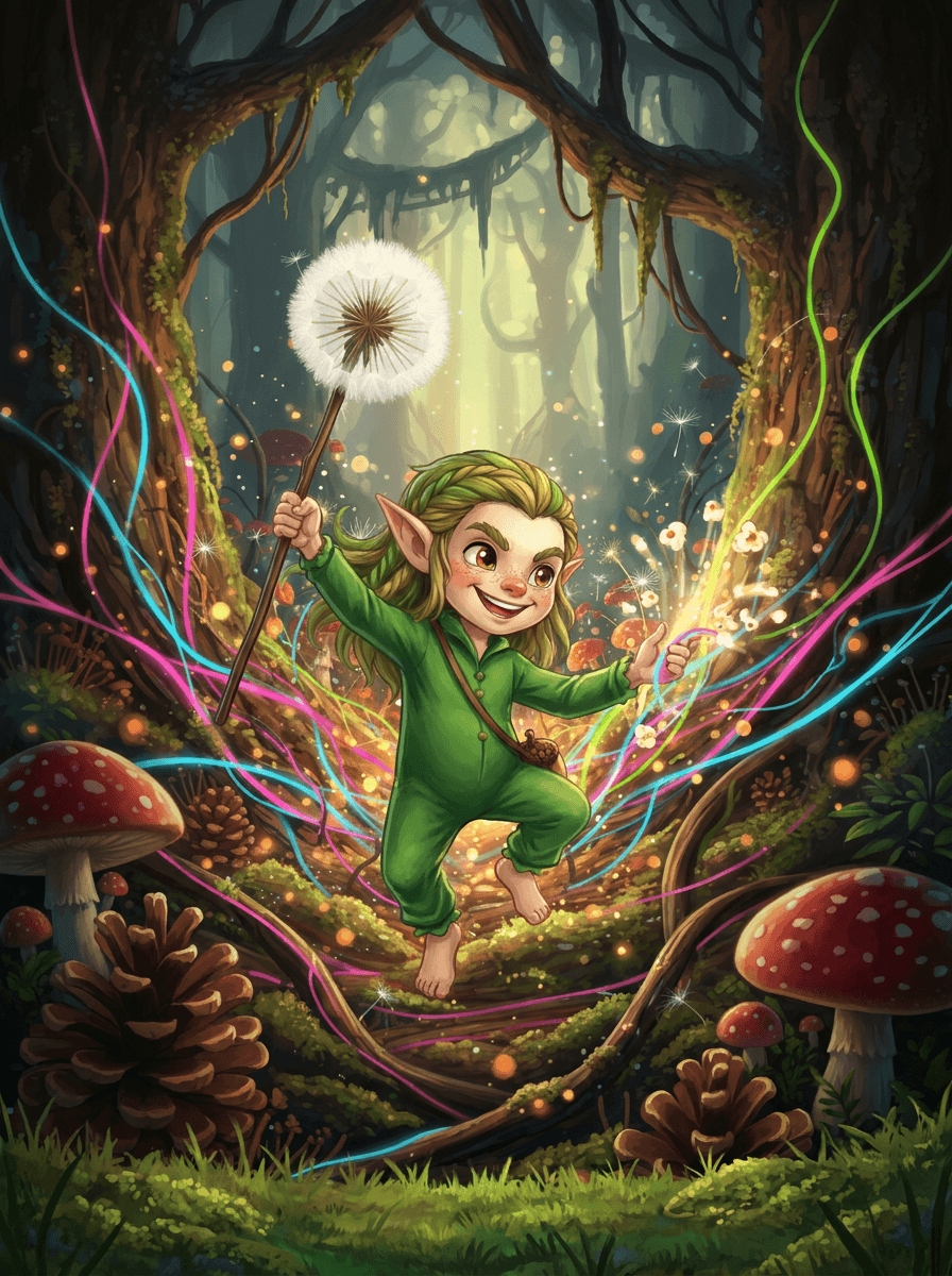 El duende Twig junto a cables LED brillantes en el bosque mágico.