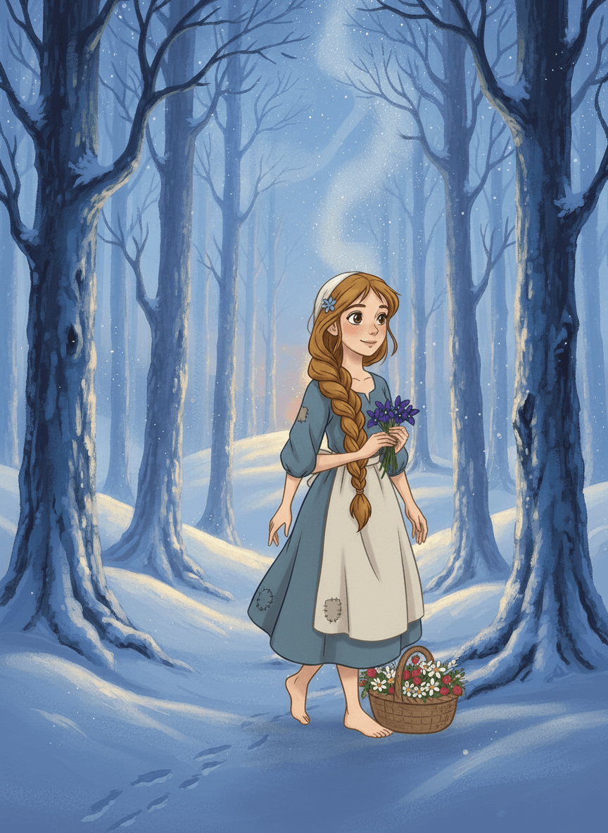 Laskavá Maruška stojí uprostřed zasněženého lesa u kouzelného ohně dvanácti měsíčků.