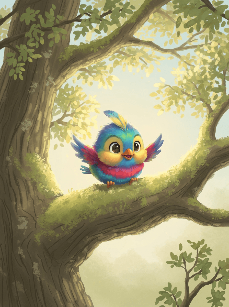 Malý ptáček Píp sedí na větvi starého dubu uprostřed slunného lesa.