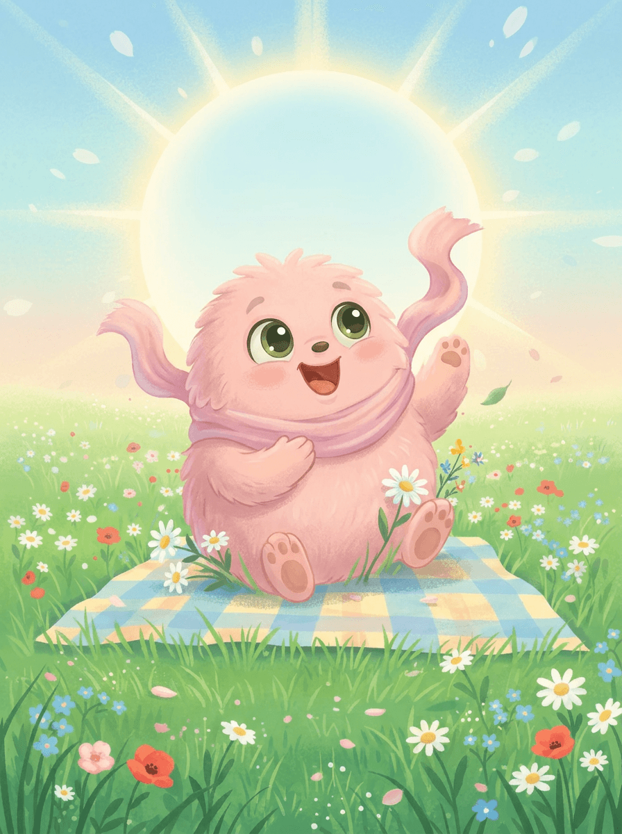 De roze pluizenbol Fluffy zit op een picknickkleed in een zonnige weide.