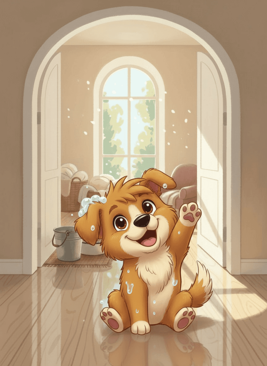 Pejsek a kočička spolu hospodaří v domečku u lesa a myjí podlahu.