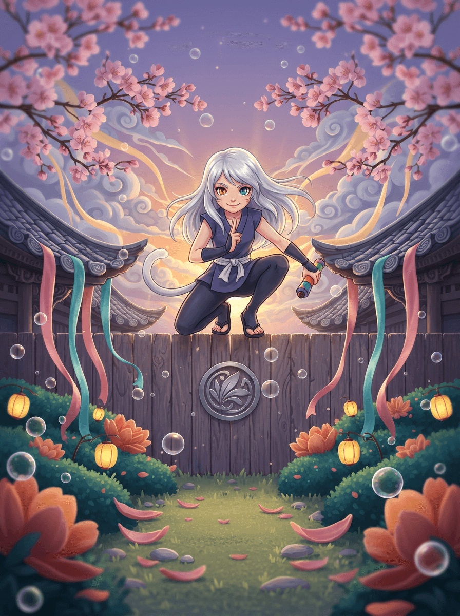 Ninja-gato Shiki com cabelos prateados unindo cães e gatos no jardim.