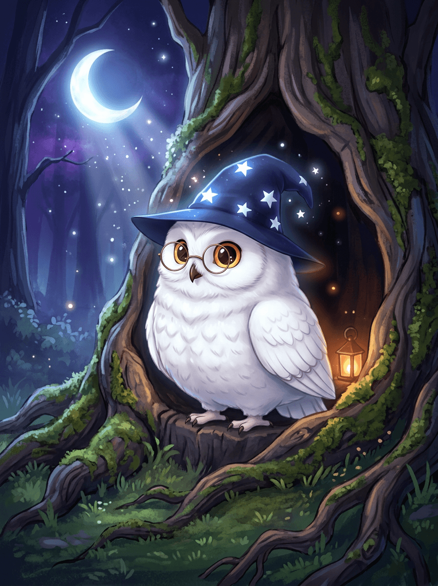 La chouette Luna en chapeau étoilé près de son chariot en forêt.