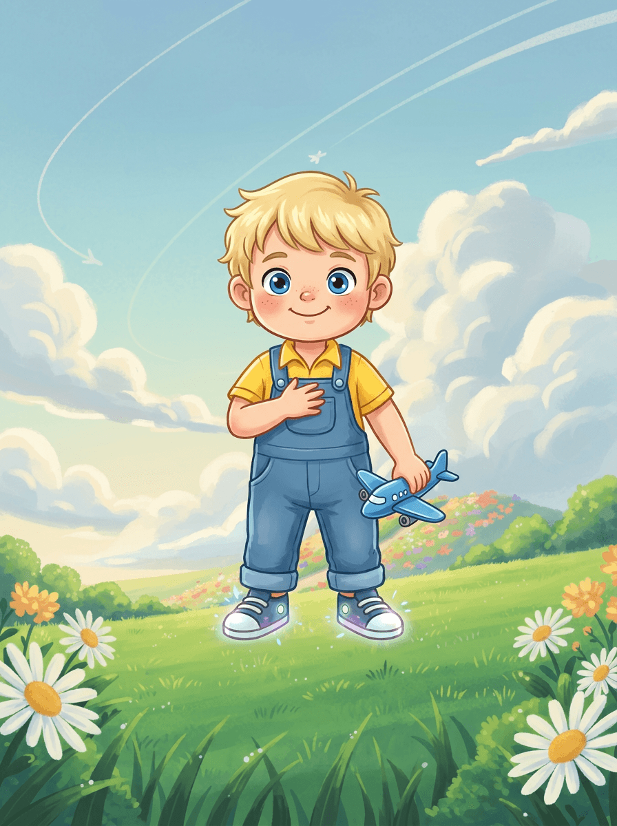O pequeno Adam brincando no jardim com o seu avião azul favorito.