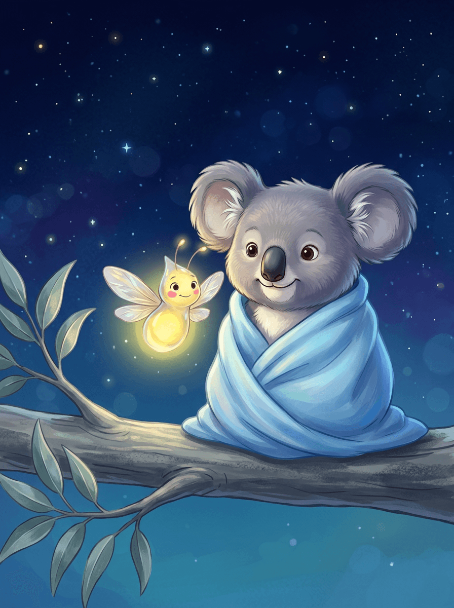 A coala Mimi e a vaga-lume Lumi sob o céu estrelado.