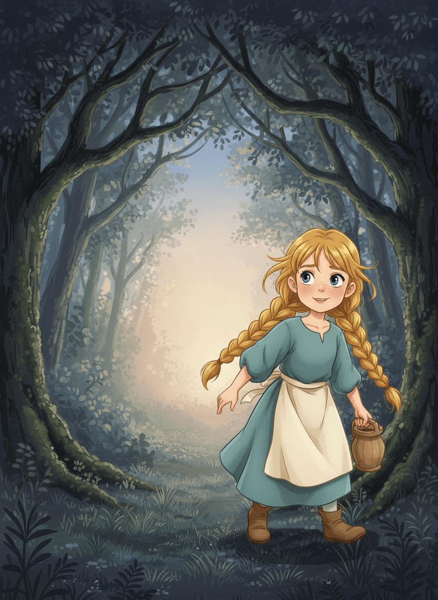 Maruška a Honzíček stojí před barevnou perníkovou chaloupkou v hlubokém lese.