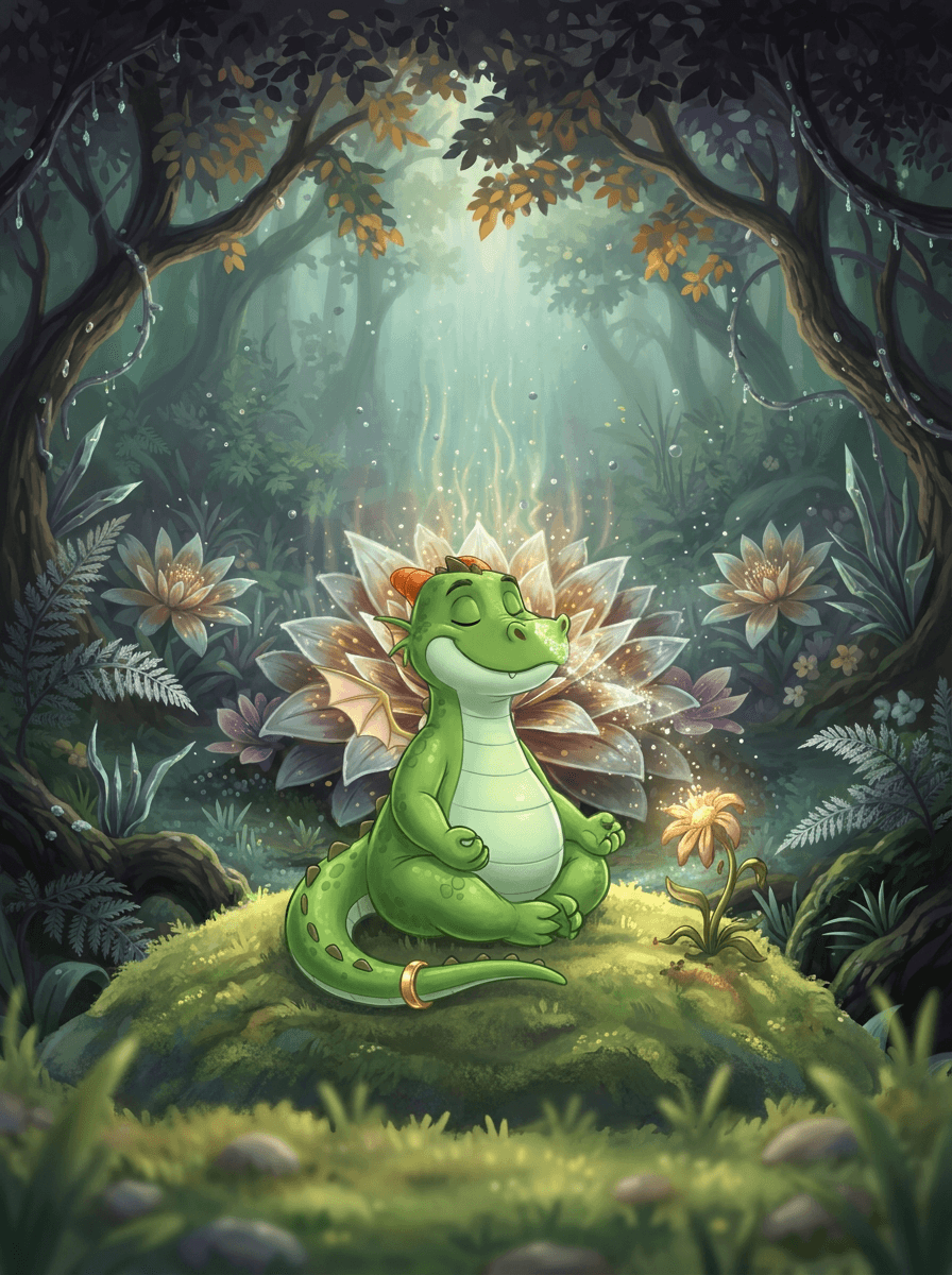 O dragão verde Zog respira calmamente entre flores coloridas do jardim mágico.