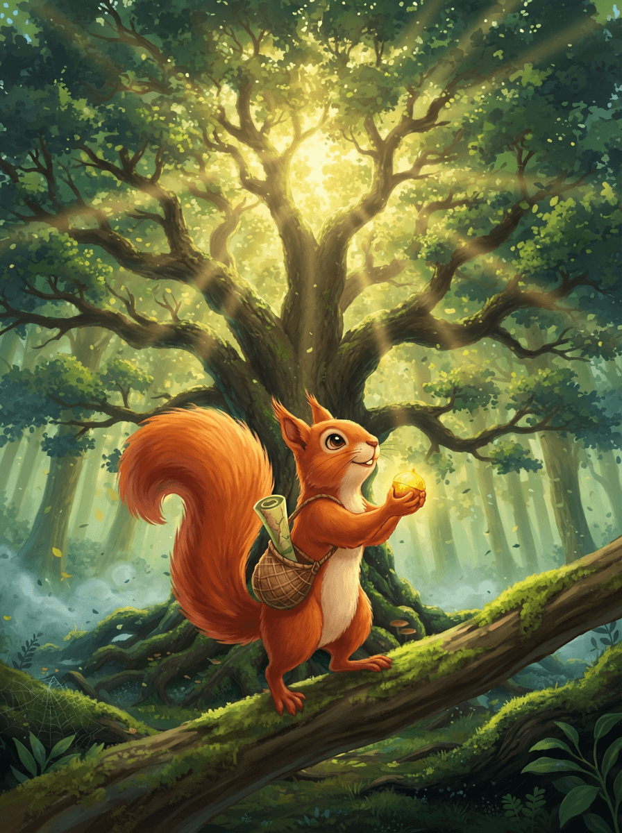 Veverka Bára s mapou v tlapkách před mohutným Prastarým dubem v lese.