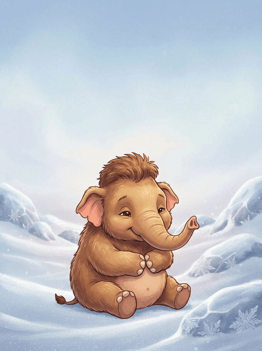 Malý huňatý mamut Miki stojí uprostřed zasněžené a mrazivé krajiny.