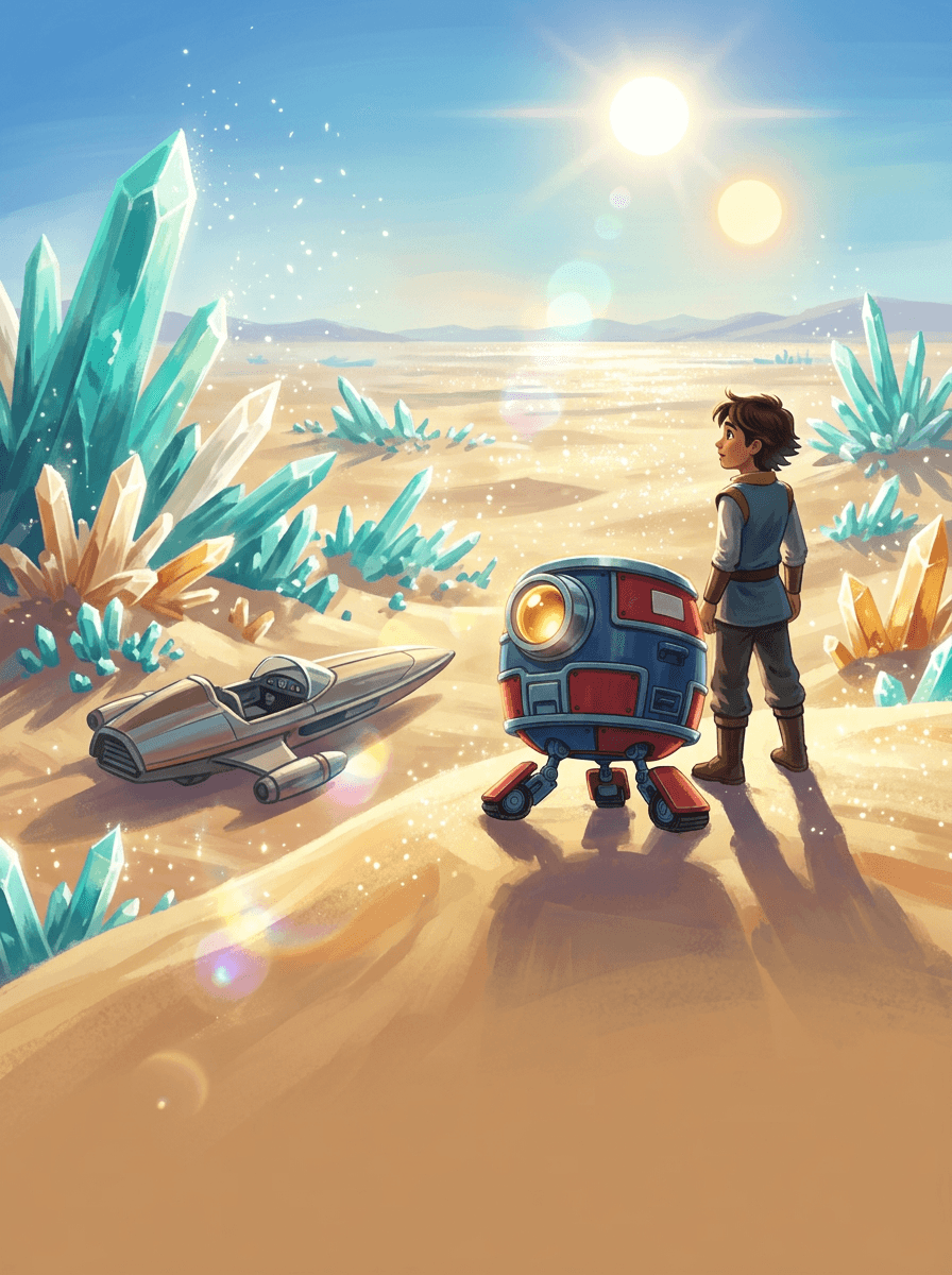 Mały niebiesko-czerwony droid Beep na lśniącej, kryształowej Szklanej Pustyni.