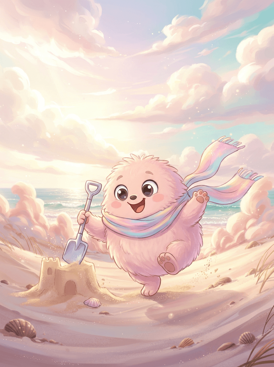 Розовый пушистик Fluffy строит сказочный замок из песка на солнечном пляже.