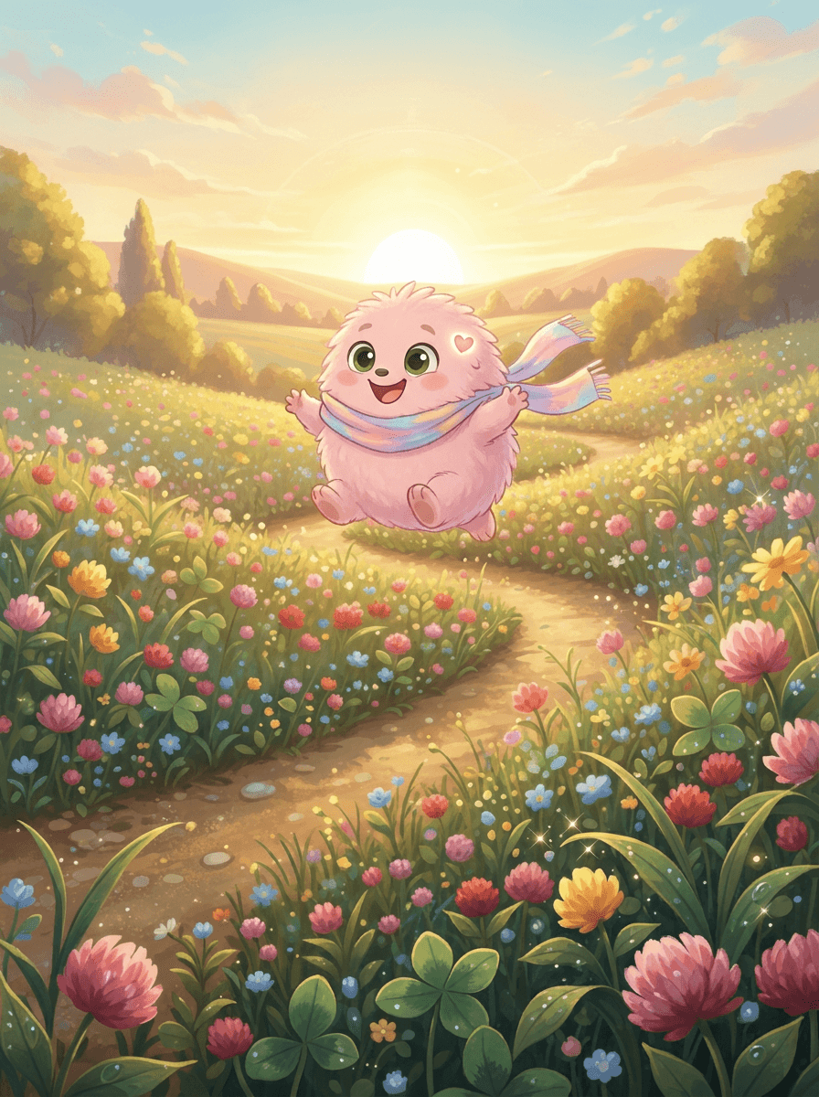 Fluffy l'animal rose porte un foulard et organise des jeux sportifs.