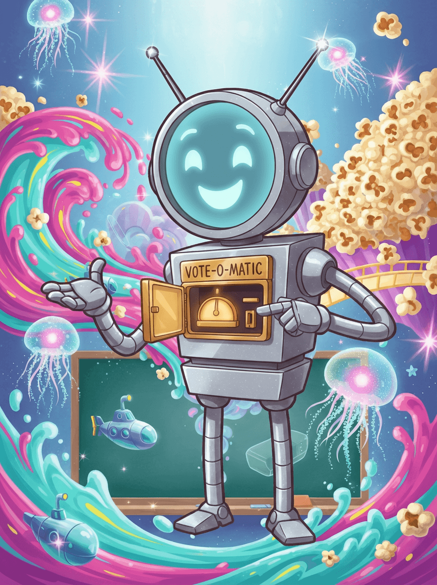 A tall silver robot teacher with a screen face in a classroom.