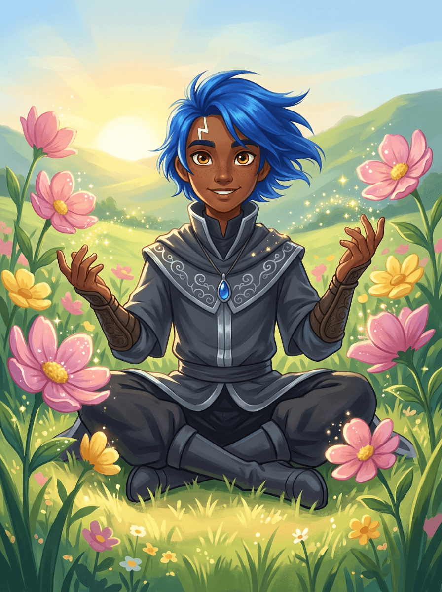 Ryu con cabello azul tocando una flor rosa en un jardín soleado.