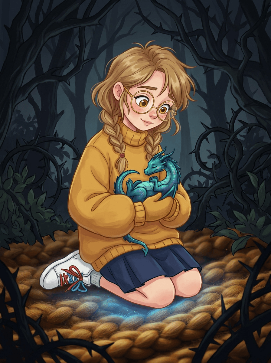 Ema en pull jaune sauve Firage le petit dragon des ronces noires.