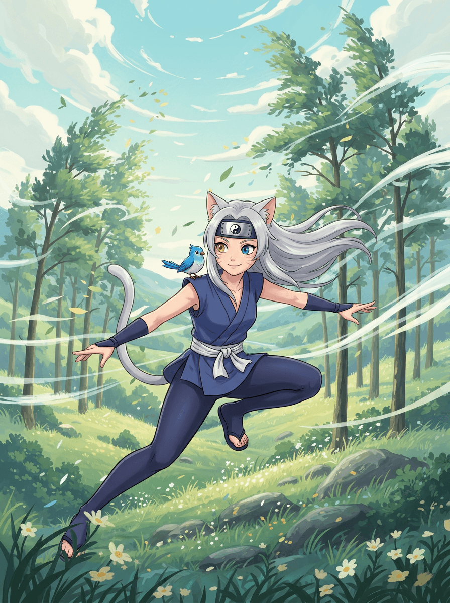 Shiki la niña ninja gato y el pajarito Pipo en el valle.