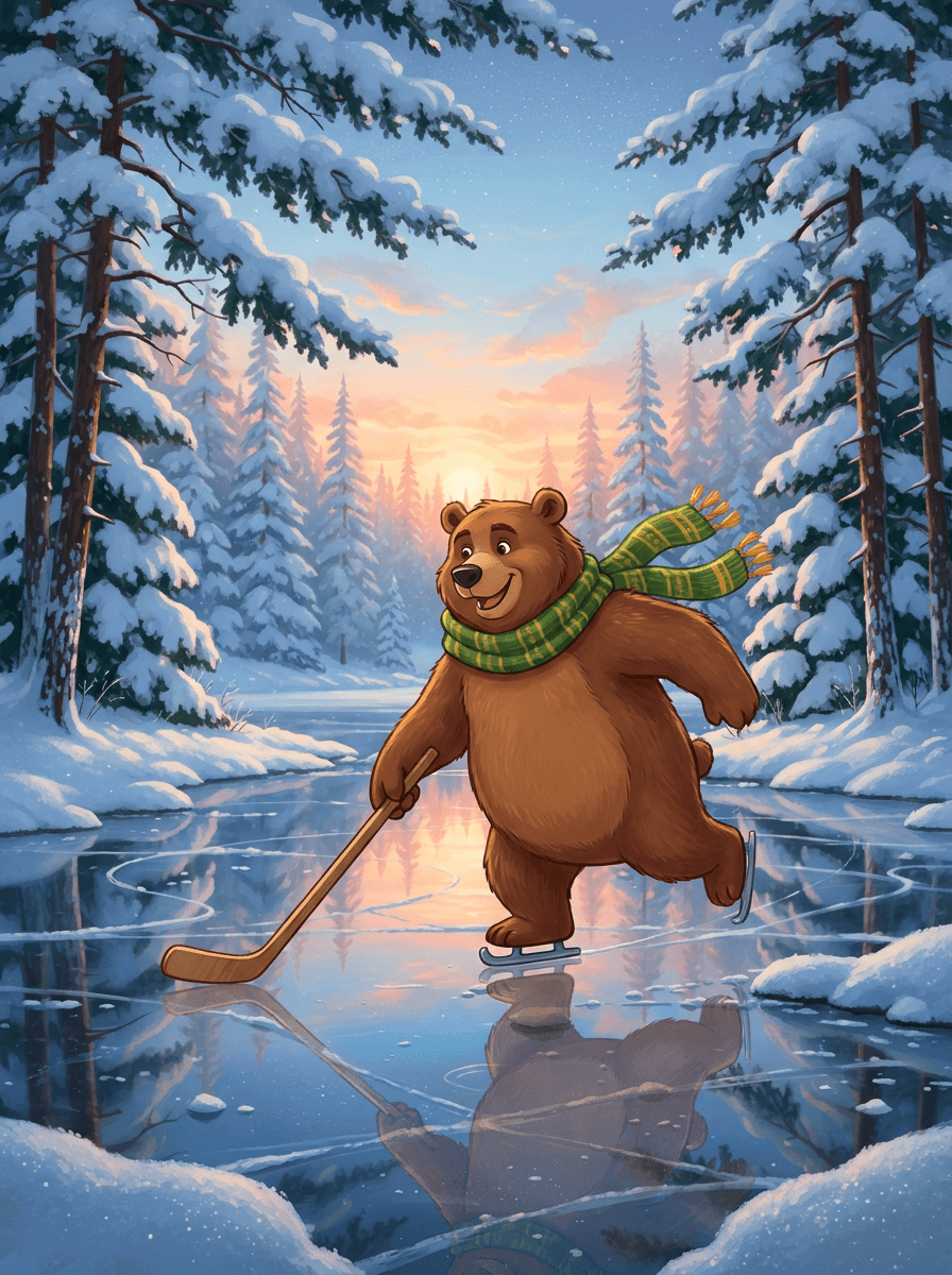 Ведмідь Bramble у шарфі та робот Sparky грають у хокей на льоду.