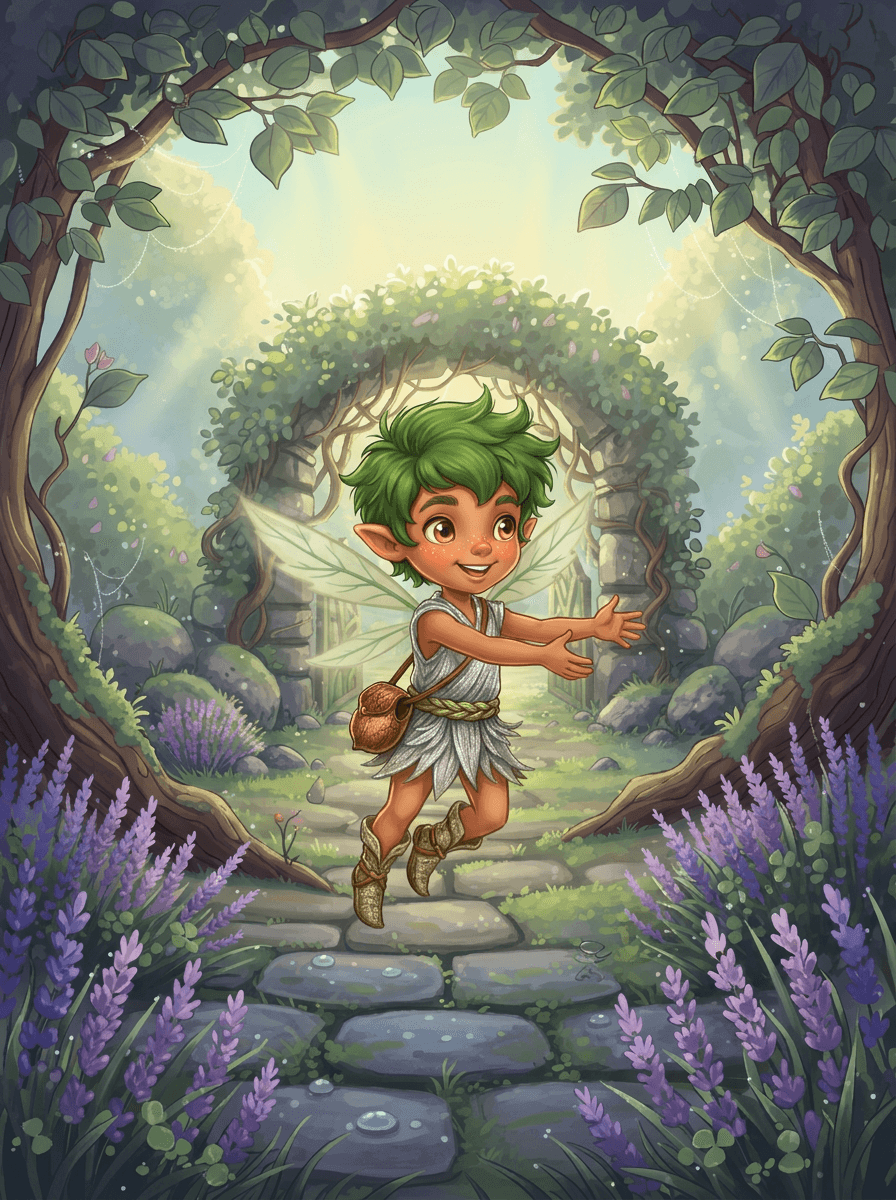 Barnaby the garden sprite wearing leaf wings near a grumpy toad.