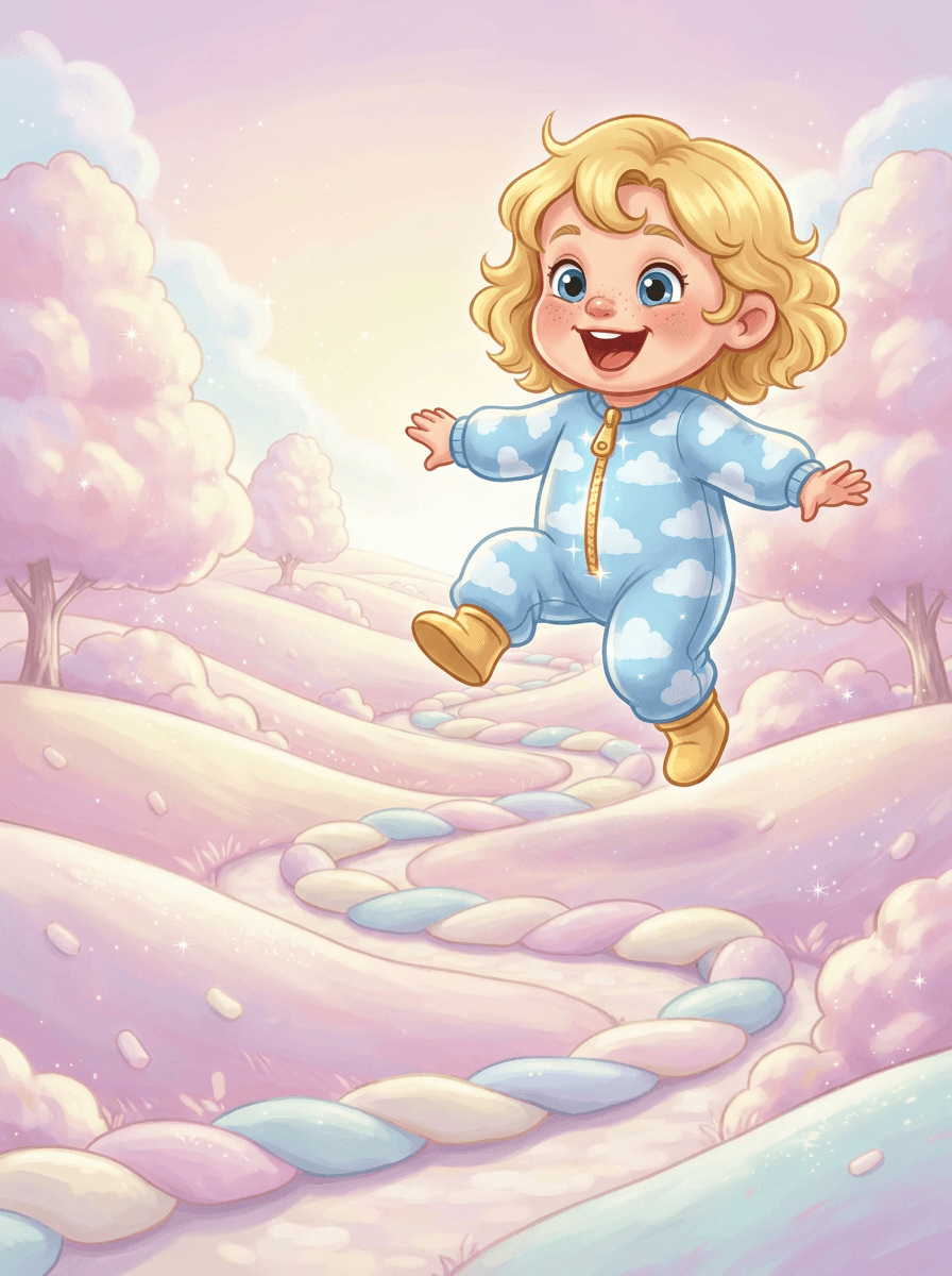 Little Pip in shimmering pajamas amidst pink marshmallows and a wobbly moose.