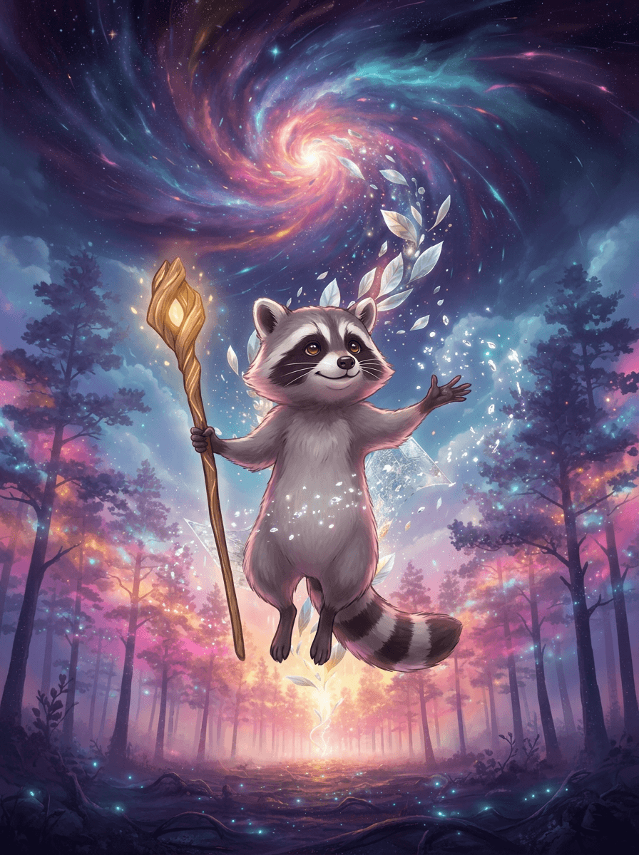Moudrý mýval Raccoon se zelenou kapucí a holí v tajuplném lese.