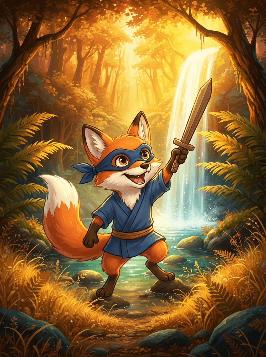 El zorro Cinder con máscara ninja y espada de madera en el bosque.