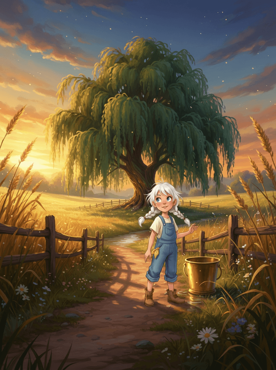 Zoe met witte vlechten en blauwe overall op een zonnige, drukke boerderij.