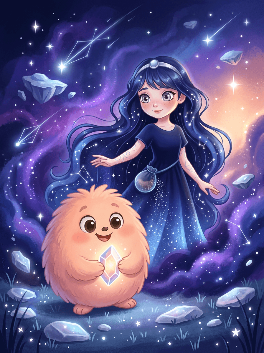 Nova och Fluffy svävar i rymden framför en lysande lila nebulosa.