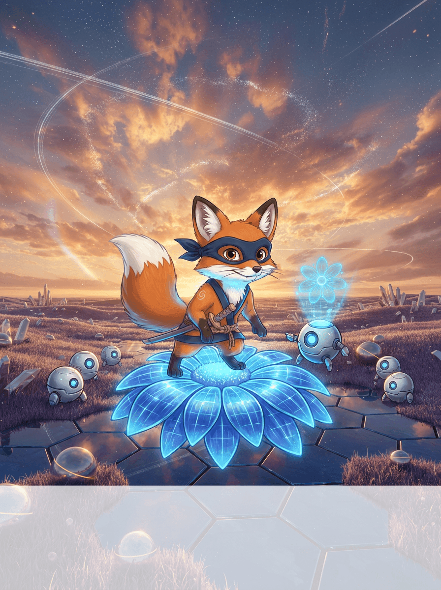 Ninja-Fuchs Cinder mit Holzschwert und Maske bewacht glitzernde blaue Solarpaneele.