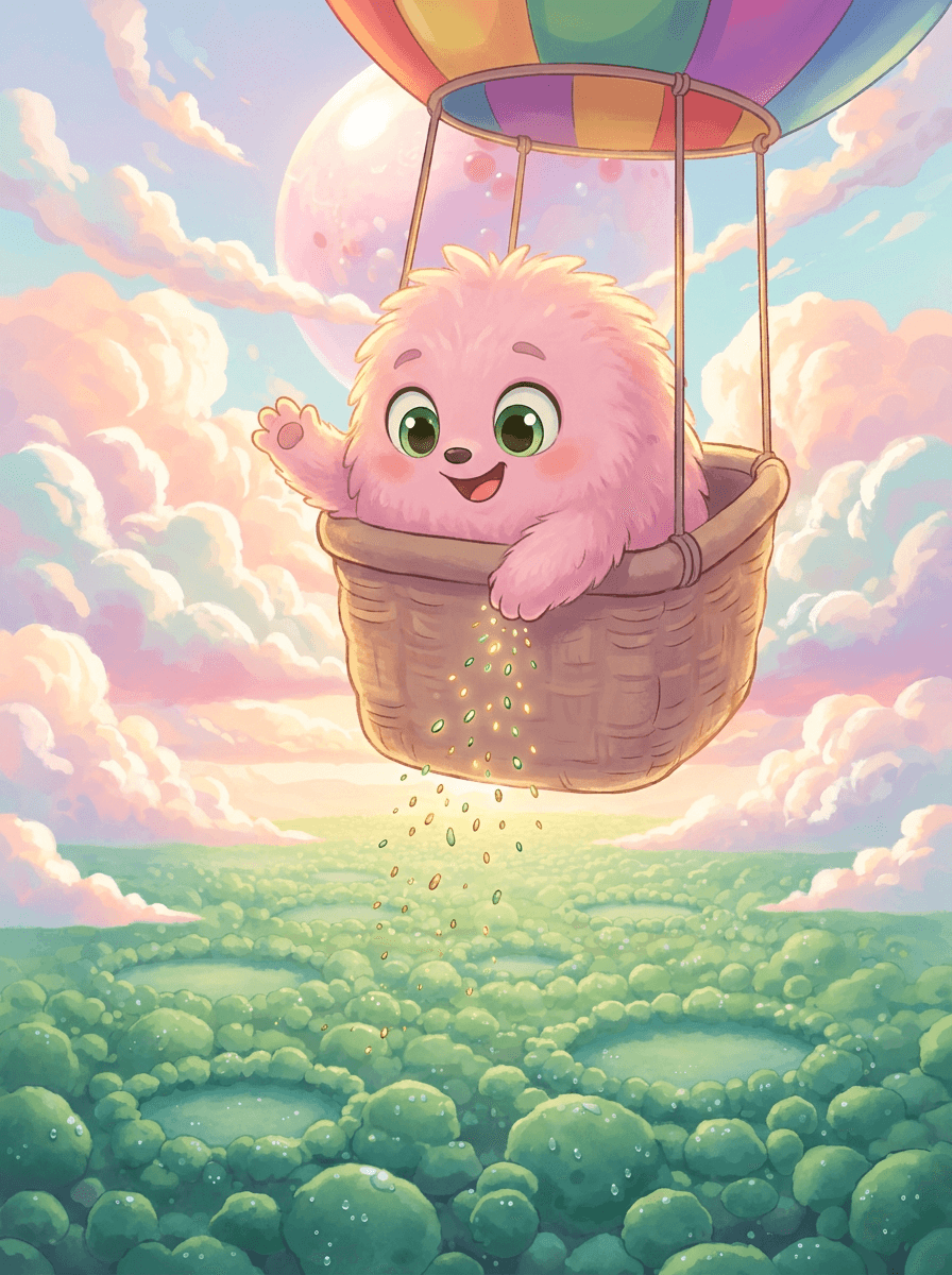 Ružový Fluffy letí v modrom košíku balóna nad zeleným lesom.
