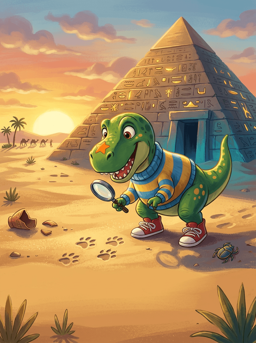 Dinosaurus Rex v červených teniskách a svetri pred starovekou egyptskou pyramídou.