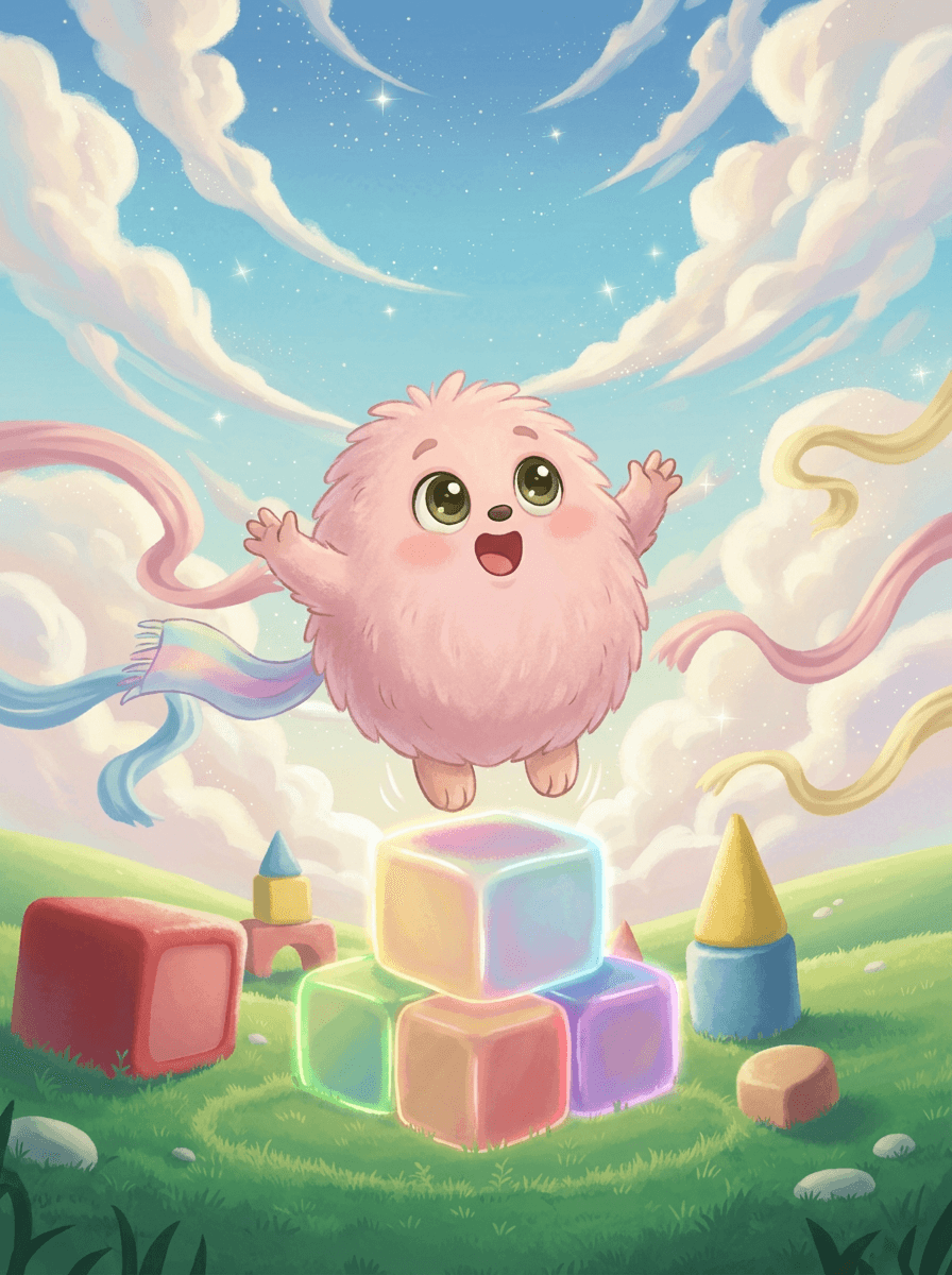Fluffy the pink cotton candy ball stacks colorful blocks in a meadow.