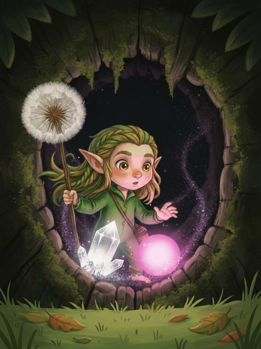 A tiny moss-clad elf stands before a glowing magic log teleporter.