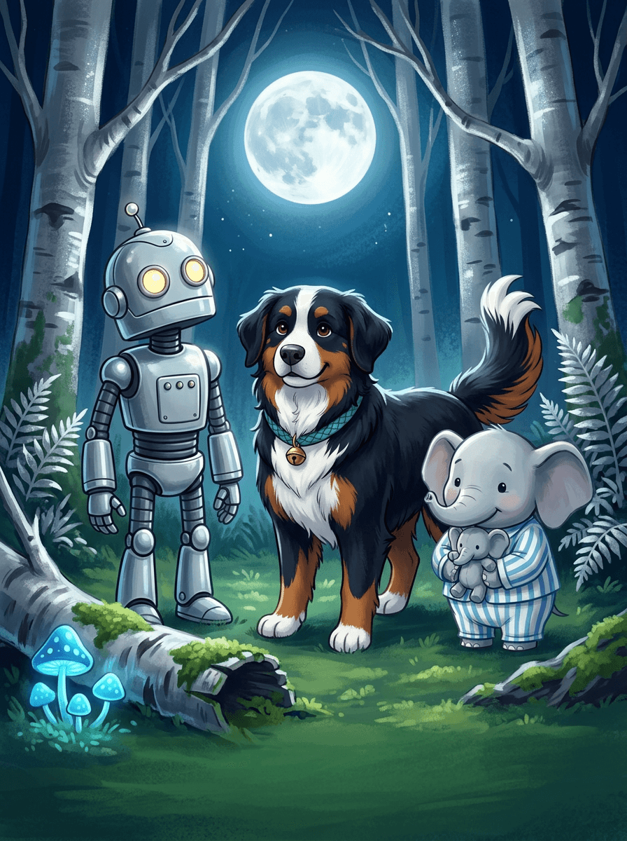 Trixi, słoń Oto i robot Błysk w migoczącym, srebrzystym lesie.