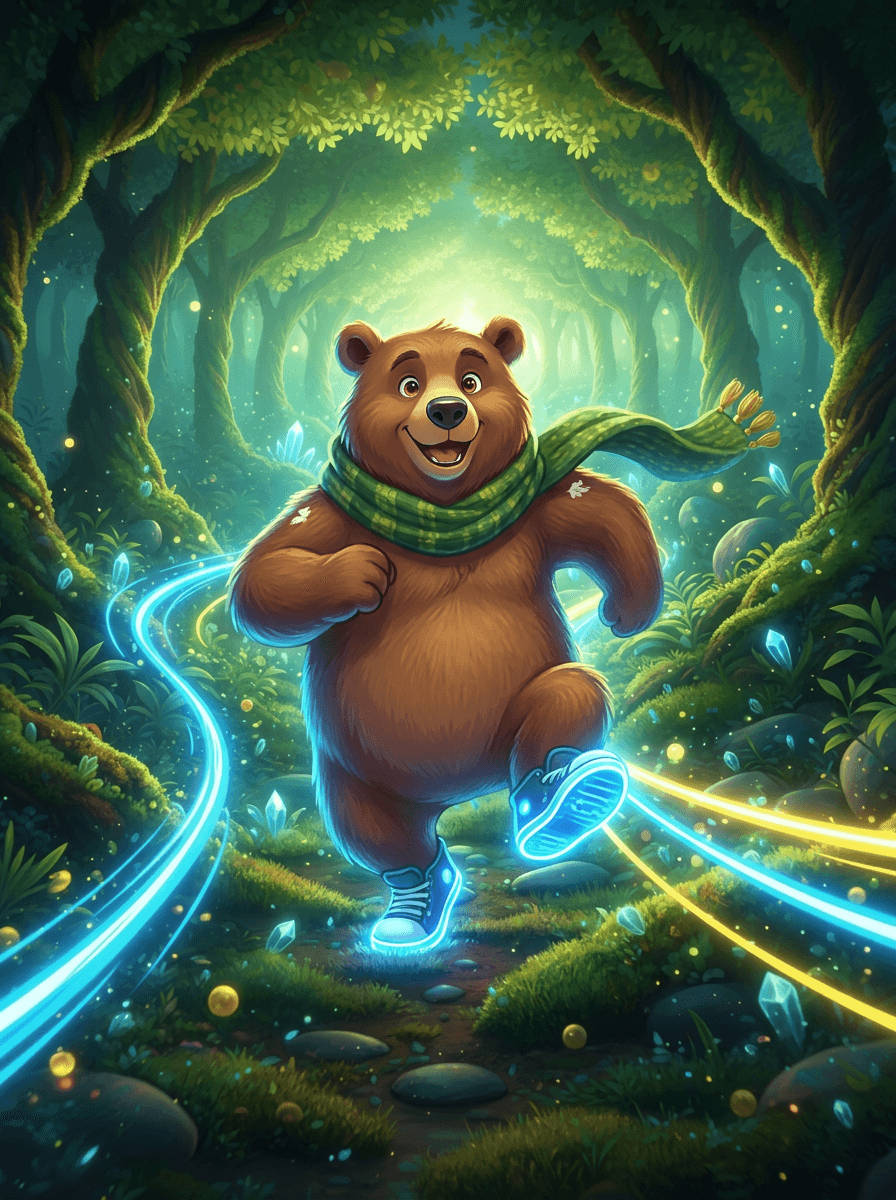 Niedźwiadek Bramble w biegu przez las w swoich nowych świecących butach.