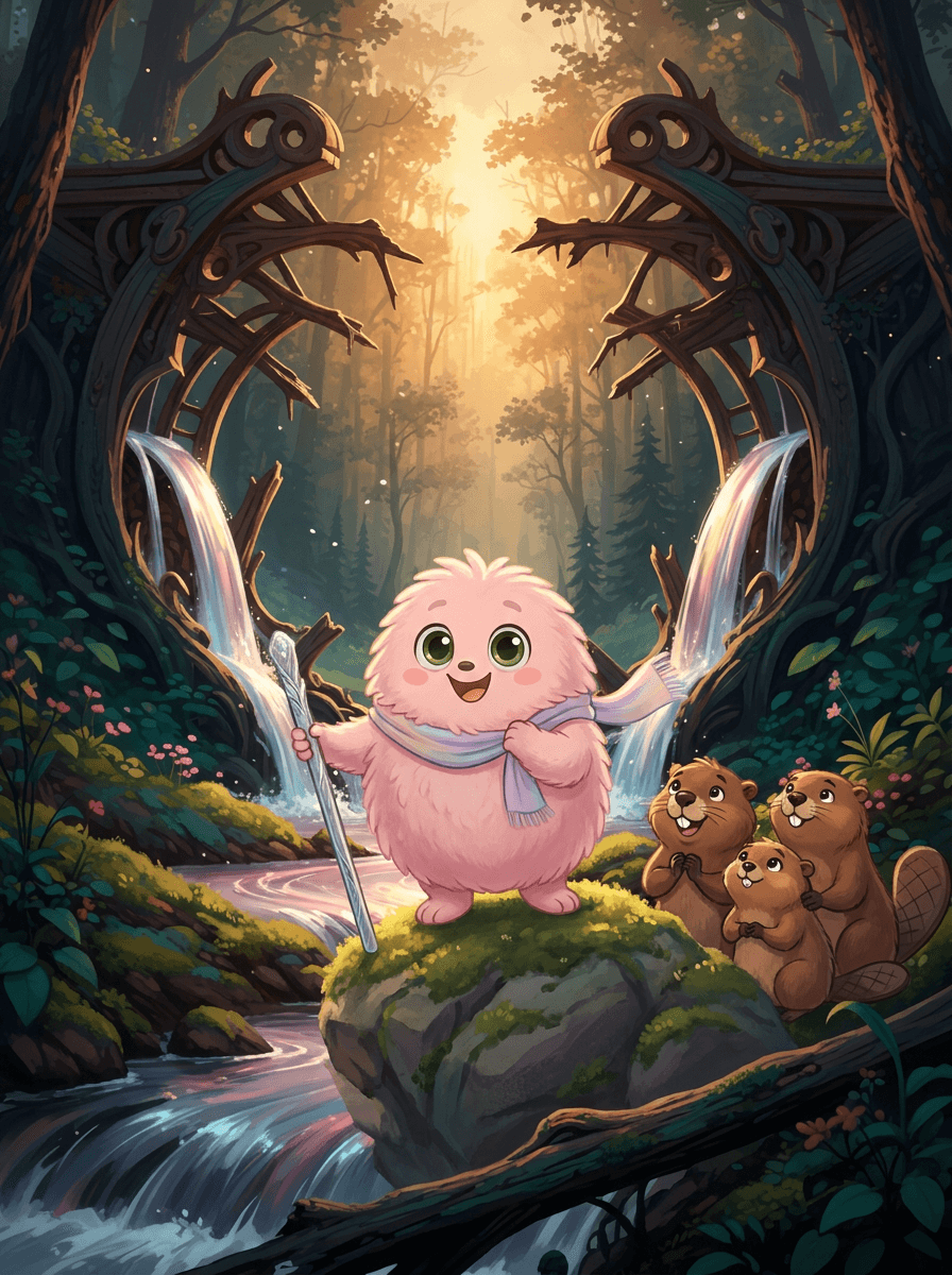 Różowy Fluffy stoi przy wielkiej tamie bobrów w gęstym, zielonym lesie.