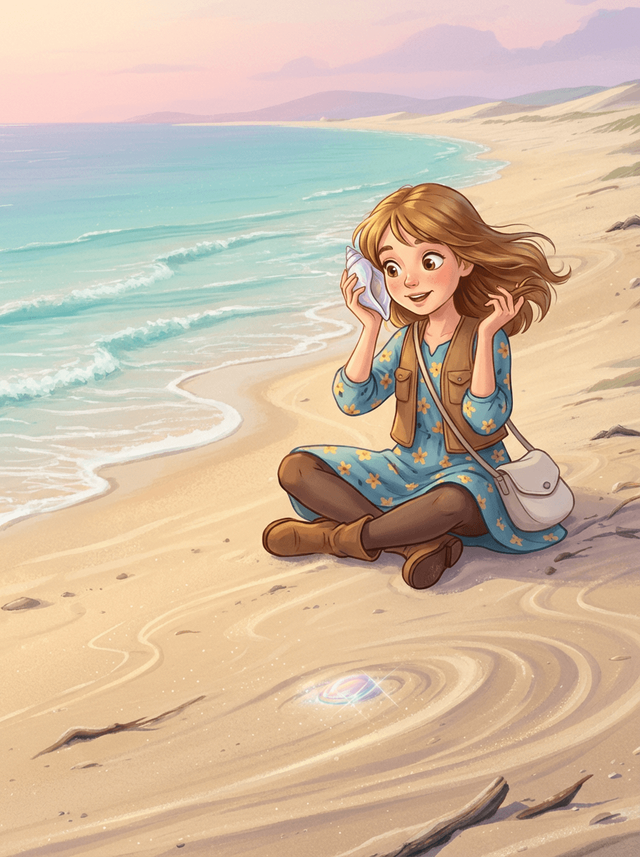 Malá Alenka sedí na pláži a s úsměvem naslouchá perleťové mušli.
