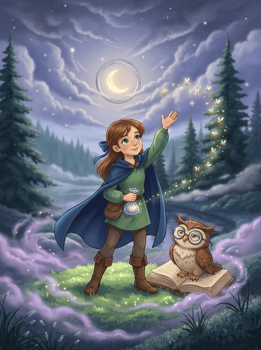 Princess Elara and her owl Barnaby under a starry night sky.