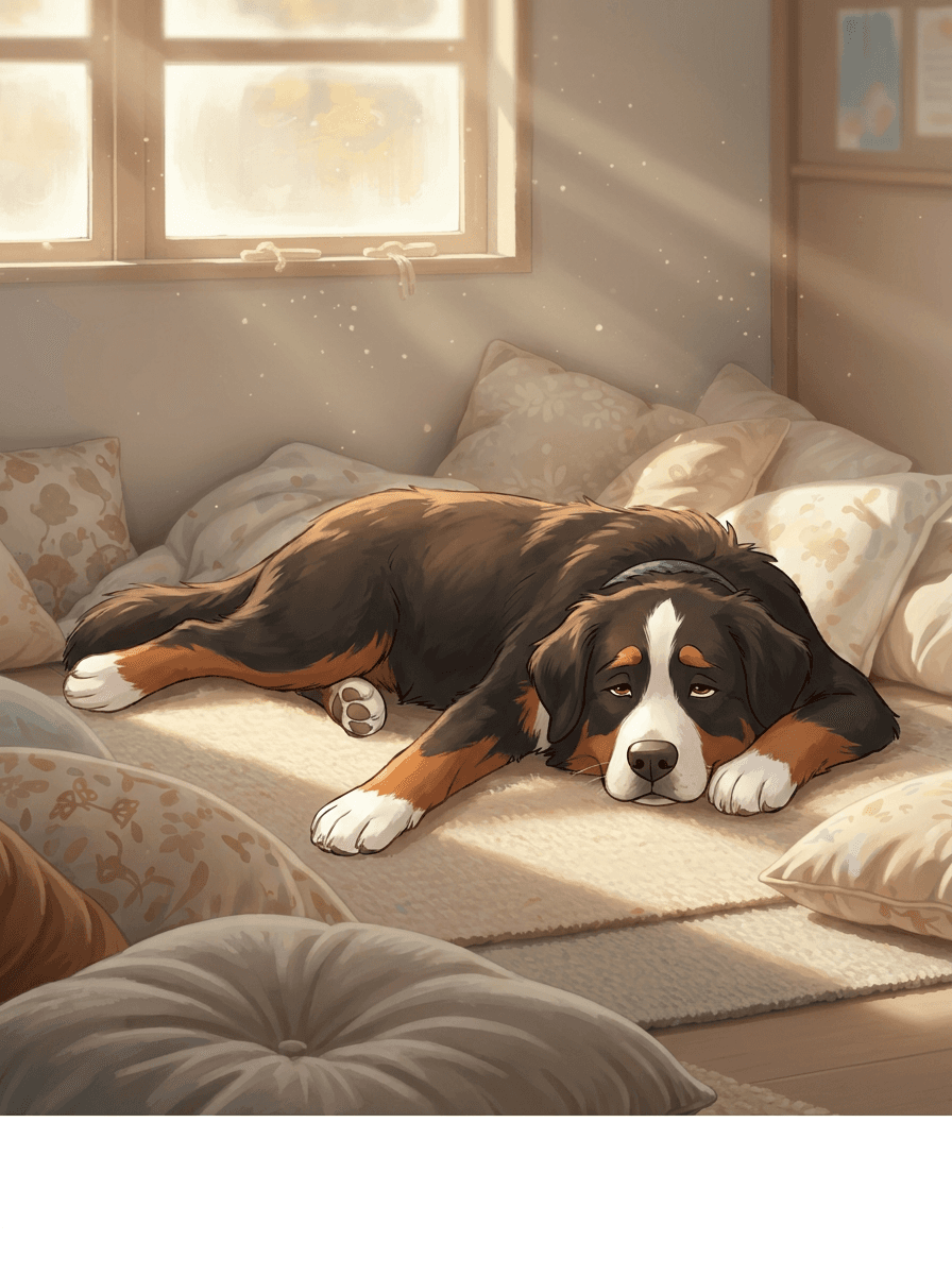 Berner sennenhond Trixi ligt vredig te waken in een rustige schoolklas.