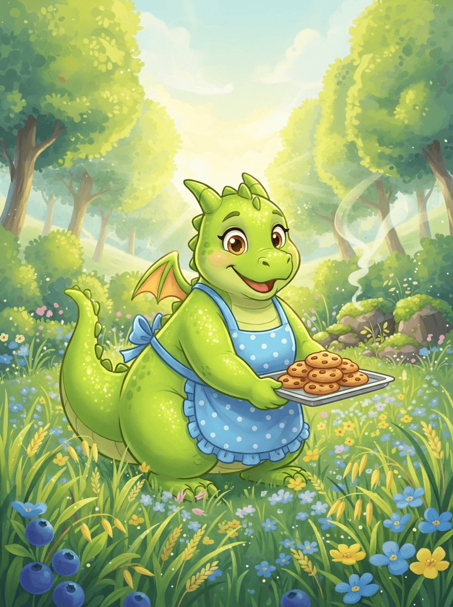 A lime-green dragon wearing a spotted apron baking cookies in a meadow.