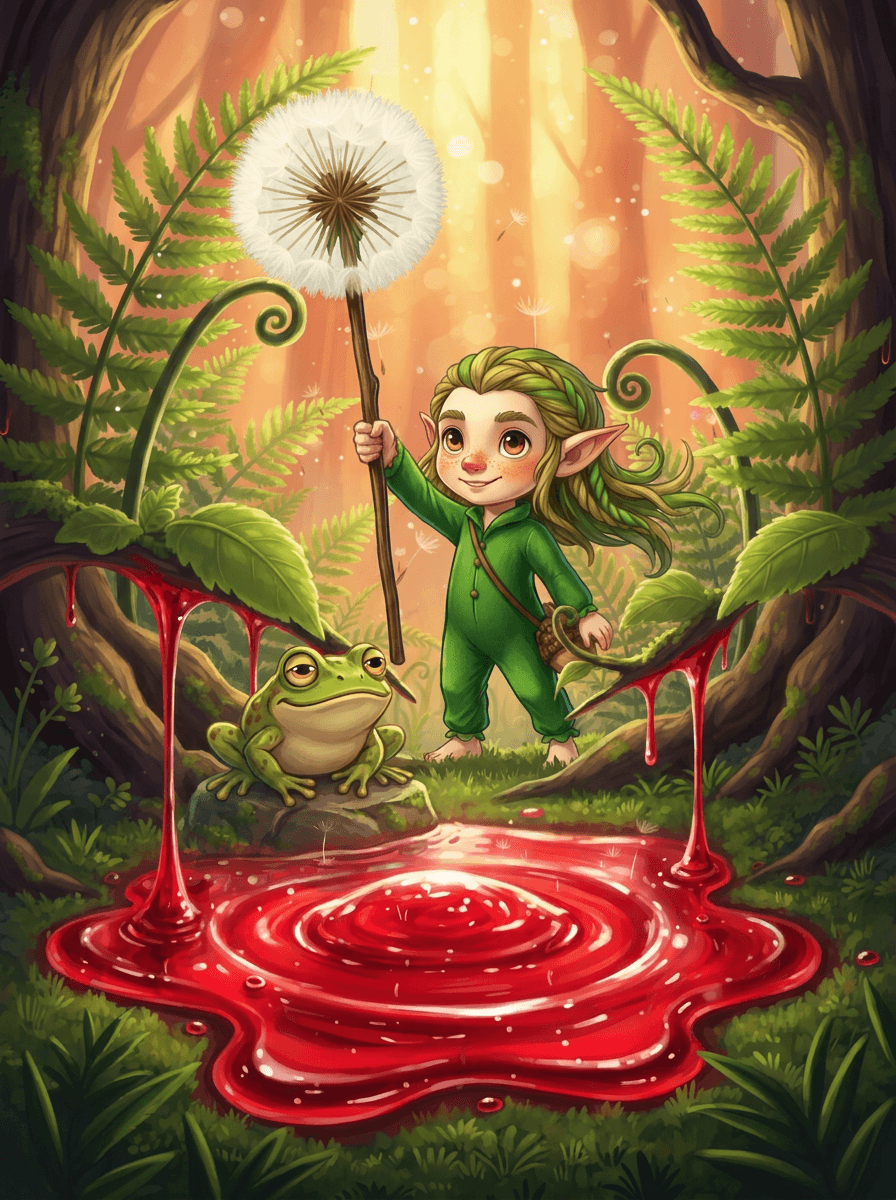 Twig the elf and Barnaby the toad in the strawberry-soaked Whispering Glade.