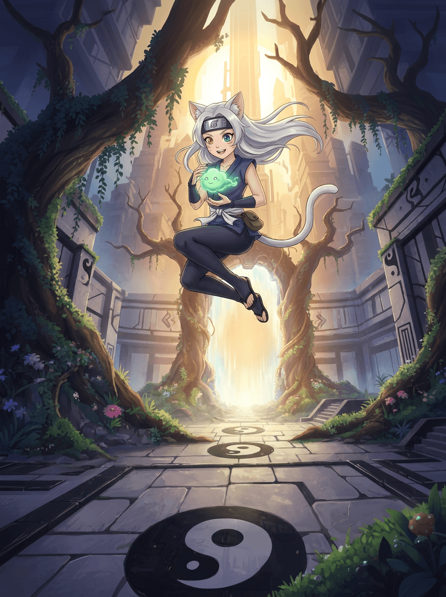 Shiki, a menina-gata ninja, corre velozmente pelo pátio da academia mágica.