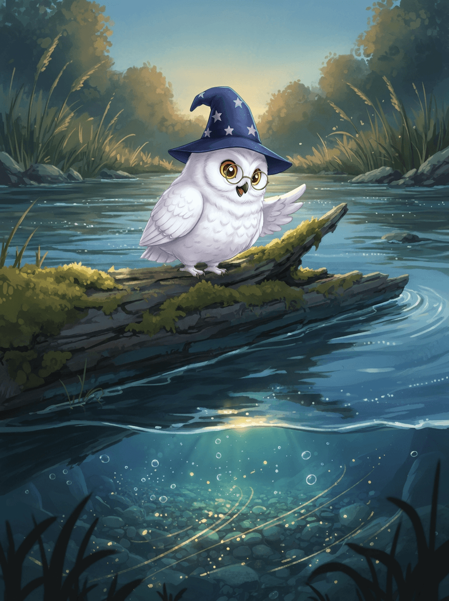 A snowy owl in a wizard hat riding a mossy log.