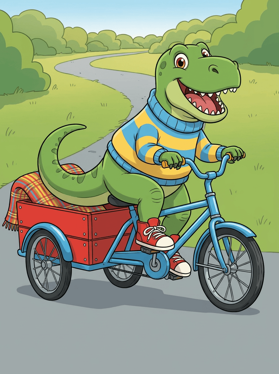Dinosaurus Rex keltasinisessä paidassa ja punaisissa tennareissa suuren tavarakolmipyörän selässä.