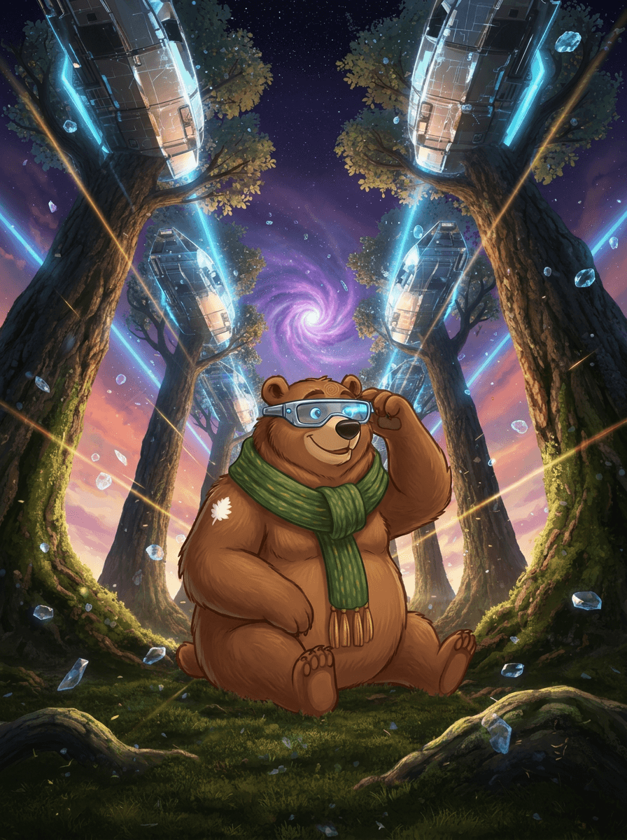 Urso Bramble usando cachecol e óculos espaciais em uma floresta futurista.